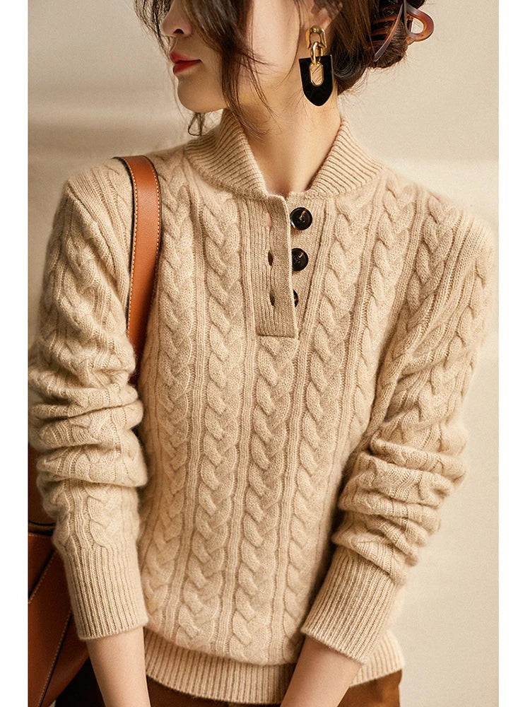 Cable knit merino button-neck jumper