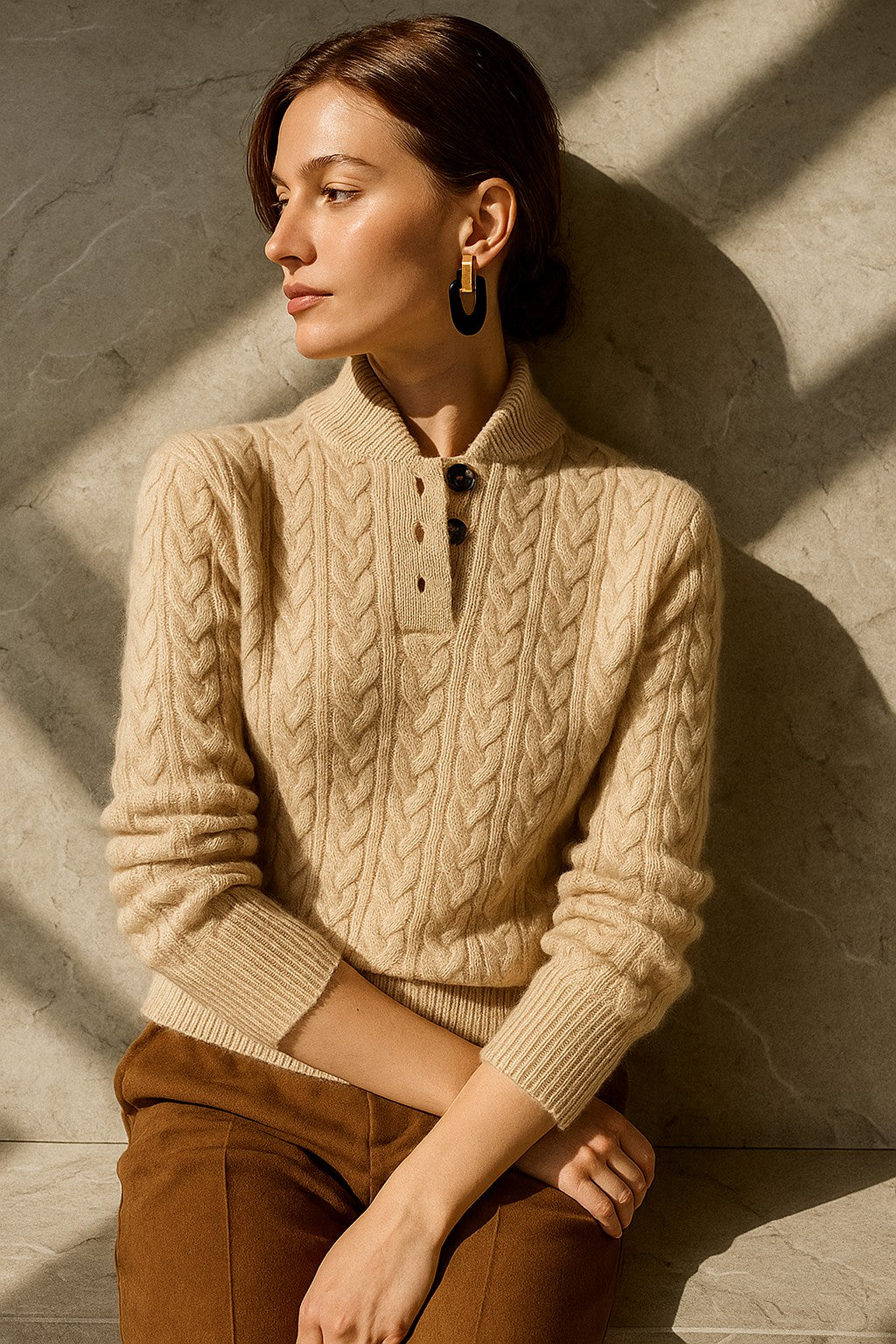Cable knit merino button-neck jumper