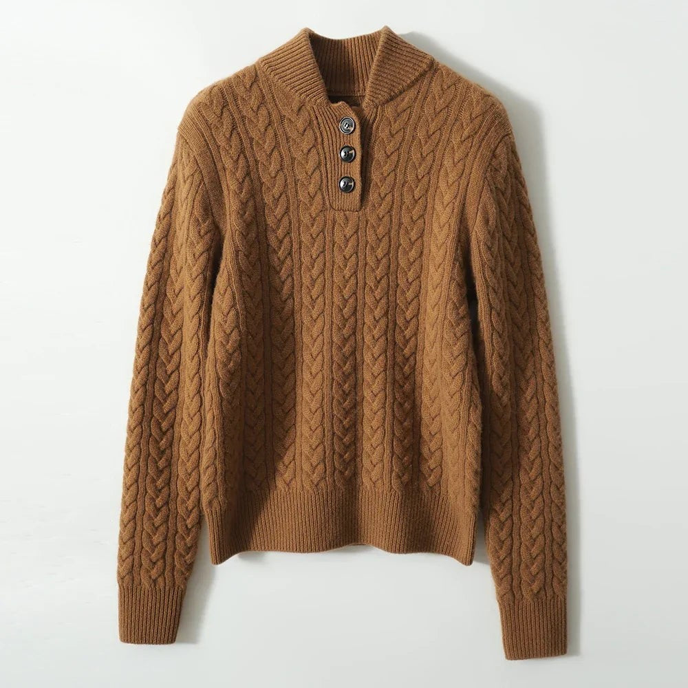 Cable knit merino button-neck jumper