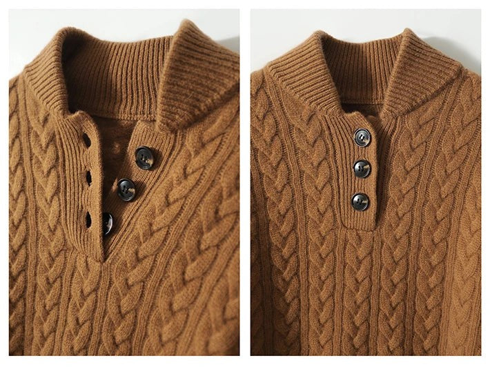Cable knit merino button-neck jumper