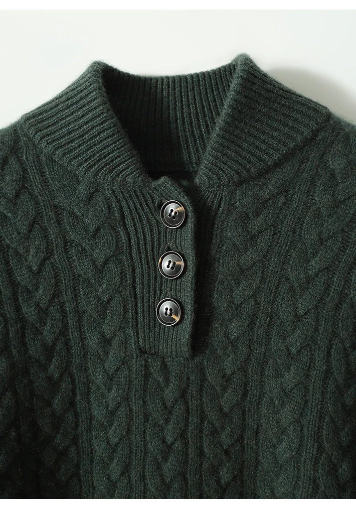 Cable knit merino button-neck jumper