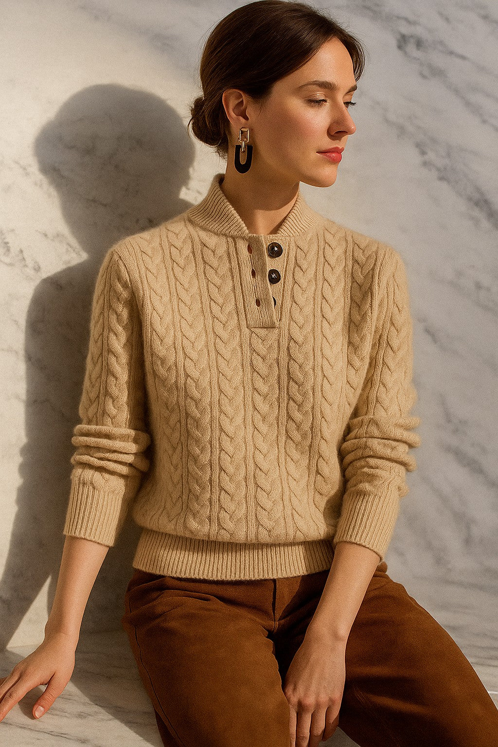 Cable knit merino button-neck jumper