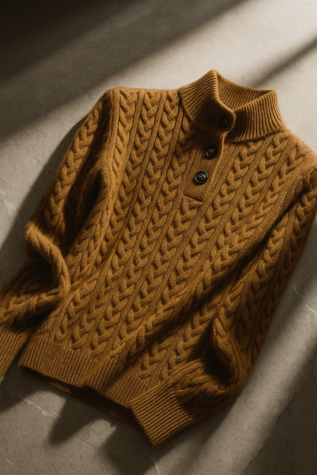 Cable knit merino button-neck jumper