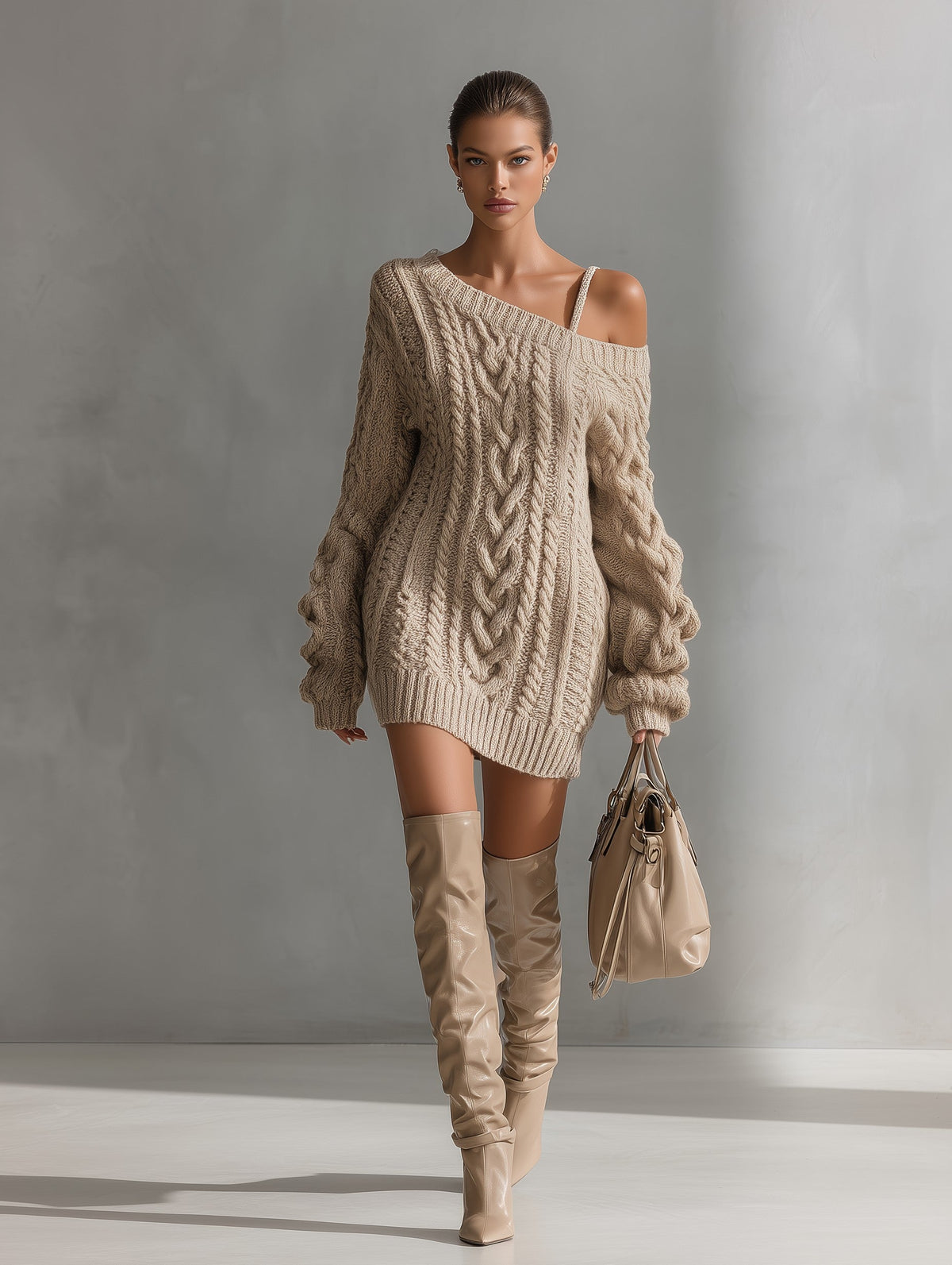 Beige cable knit off-shoulder mini dress