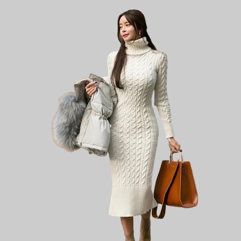 Cable-knit roll neck midi dress