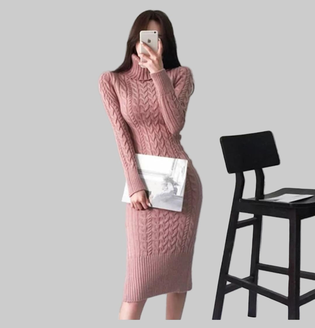 Pink cable-knit roll neck midi dress