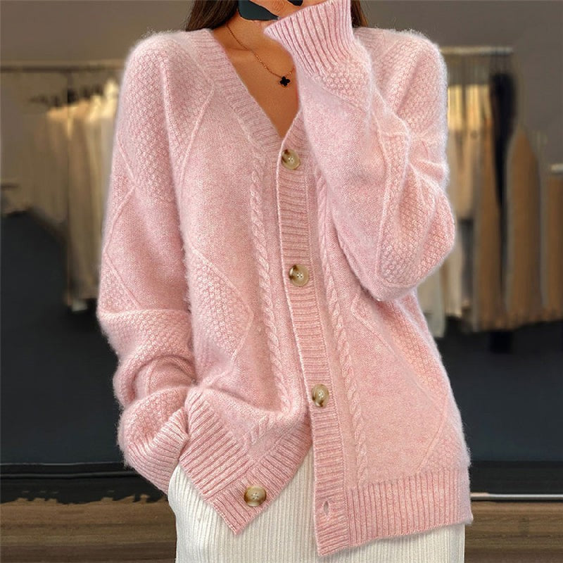 Pink cable-knit v-neck cardigan