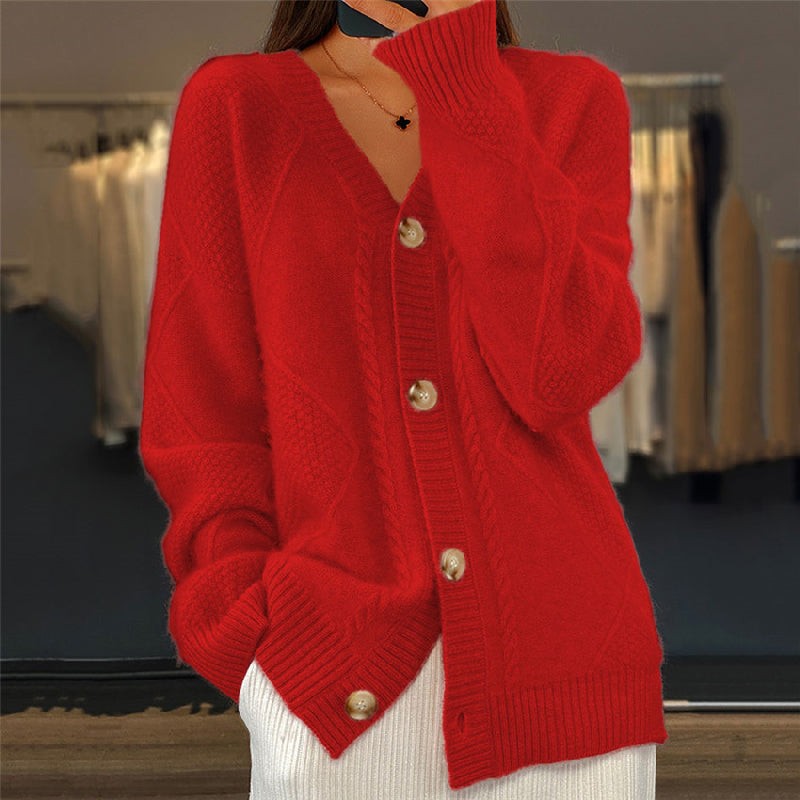 Red cable-knit v-neck cardigan