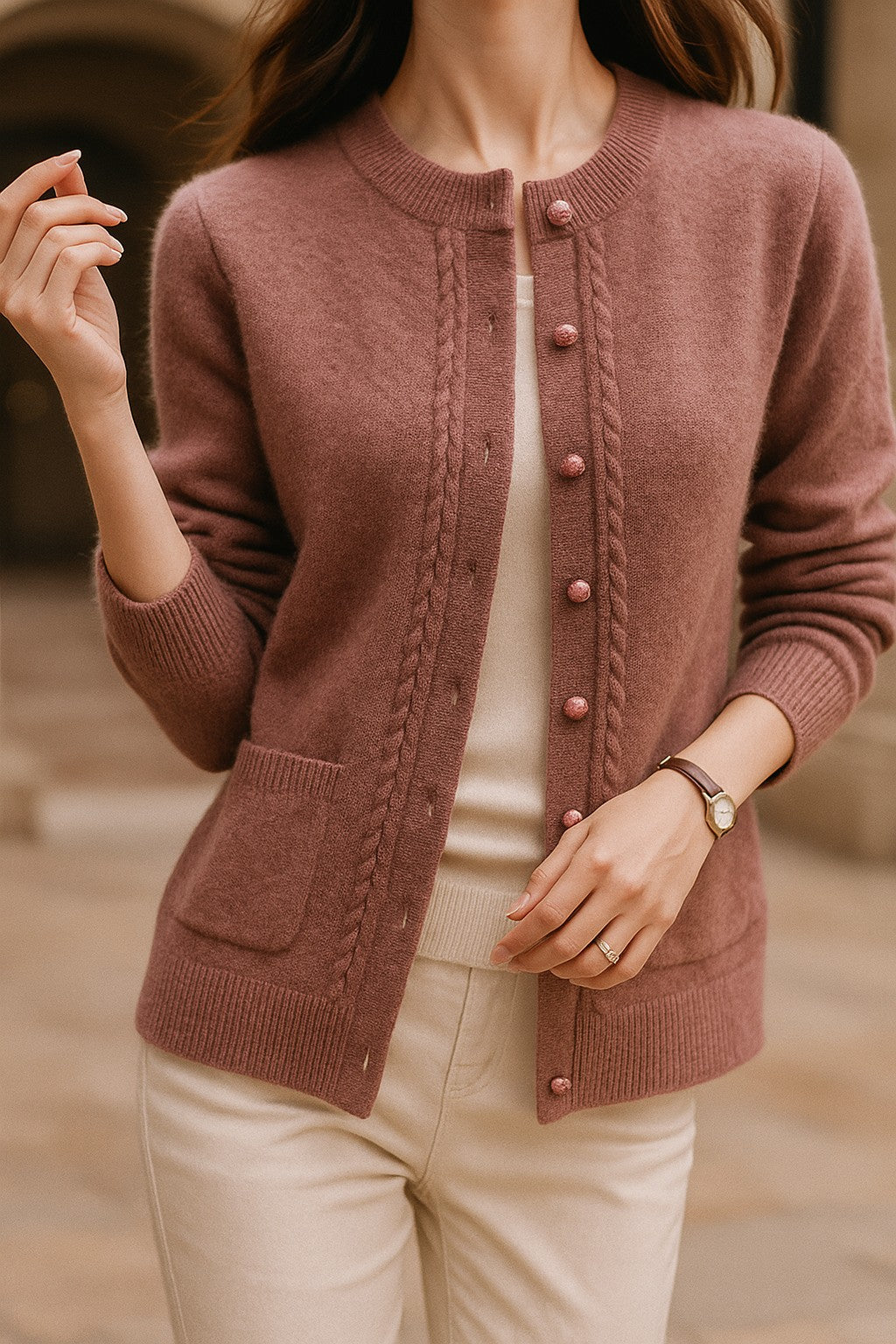 Cable-trim button cardigan