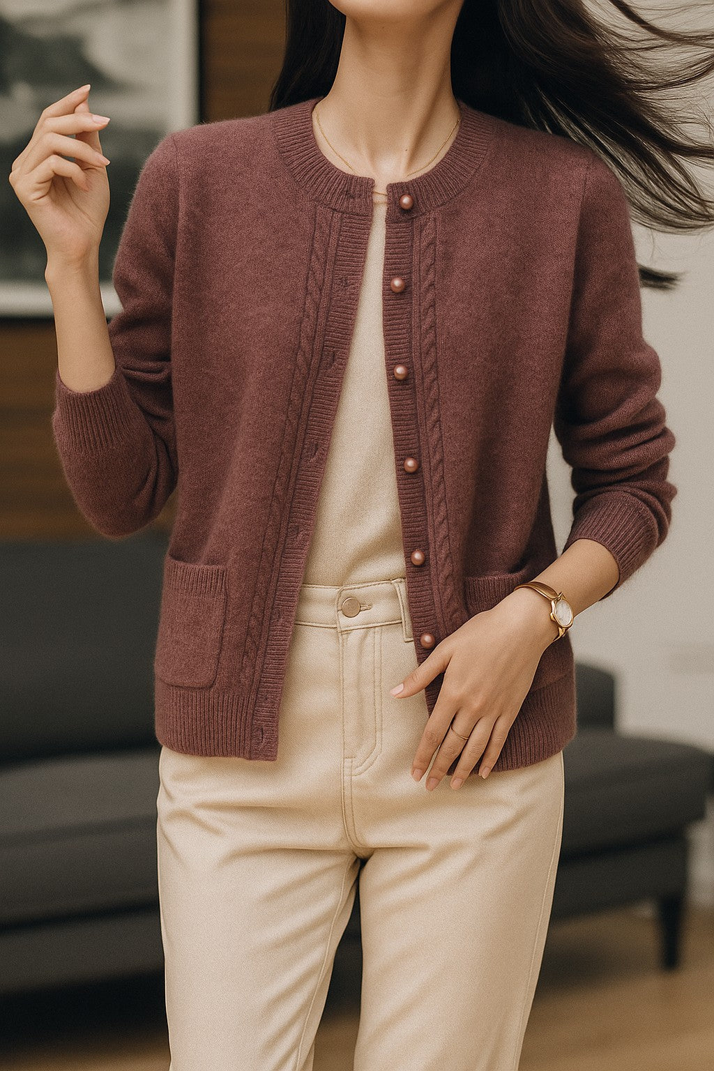 Cable-trim button cardigan