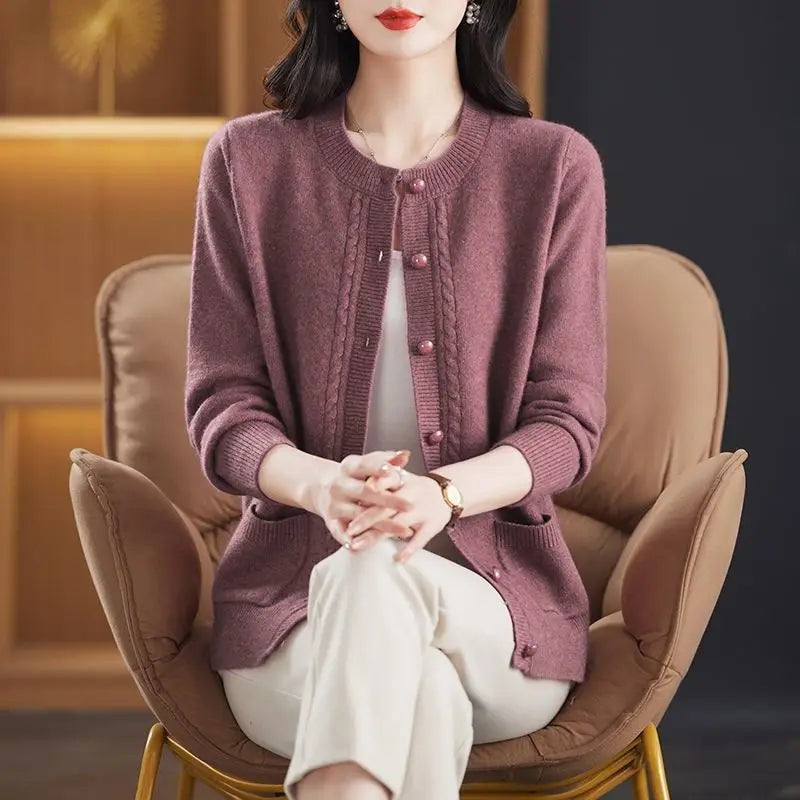 Cable-trim button cardigan