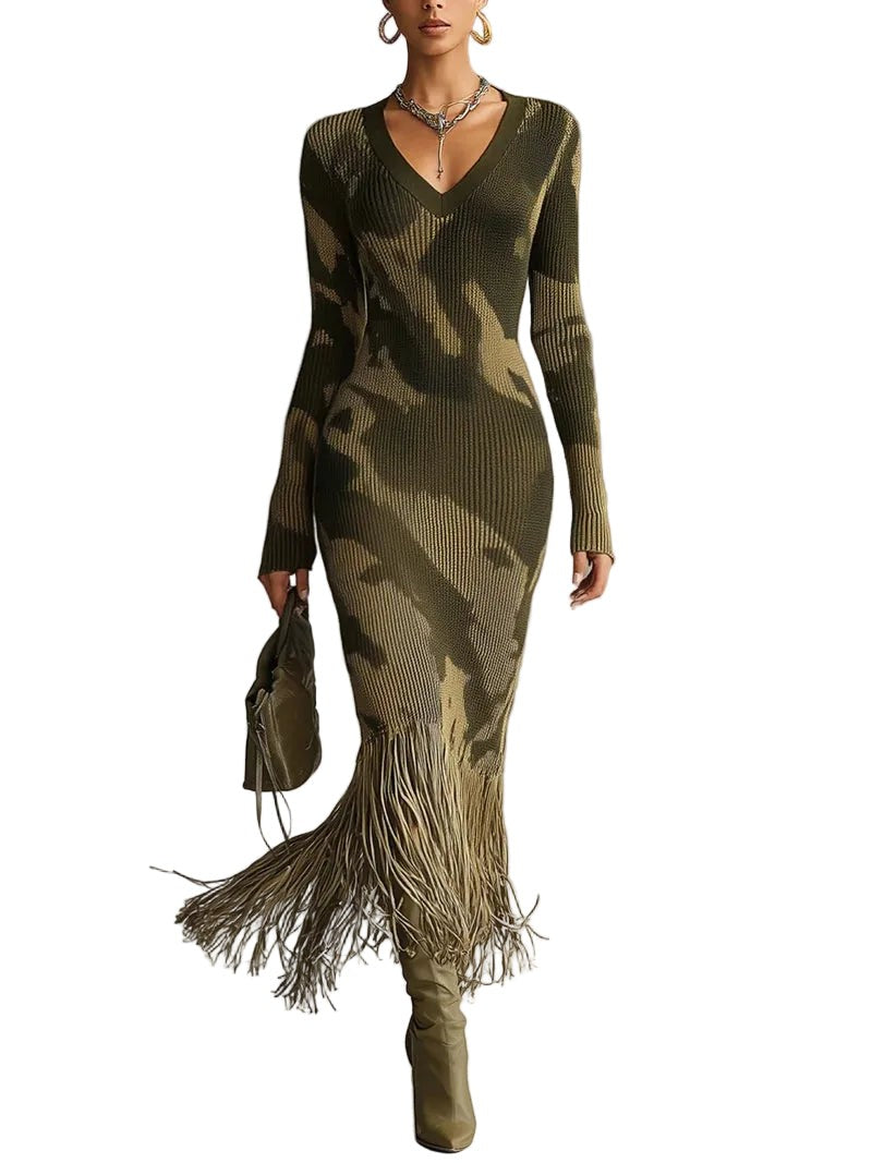 Olive Camo camo fringe-hem knit midi dress
