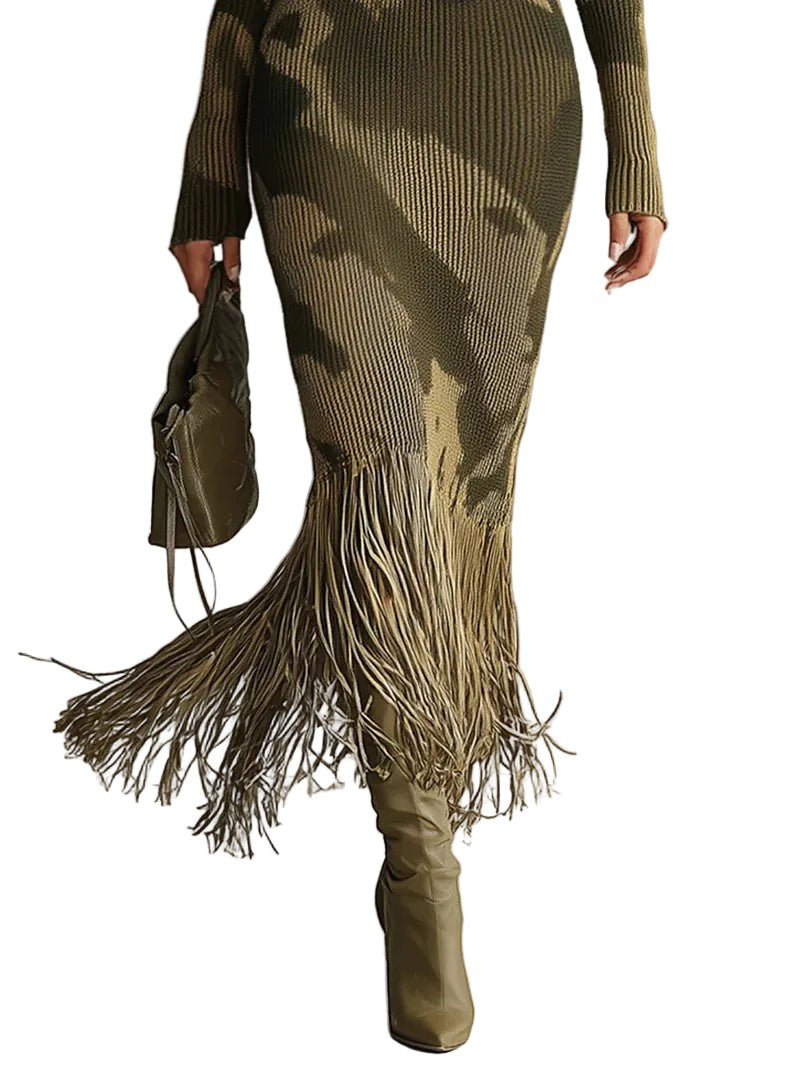 Camo fringe-hem knit midi dress