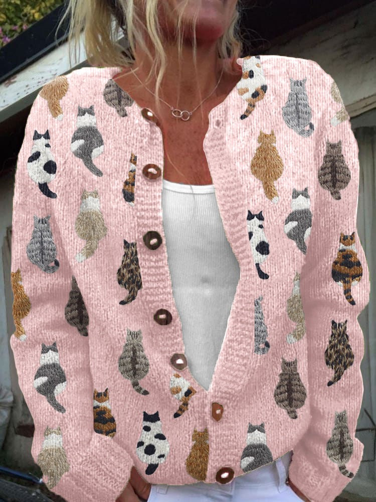Pink cat-motif button cardigan