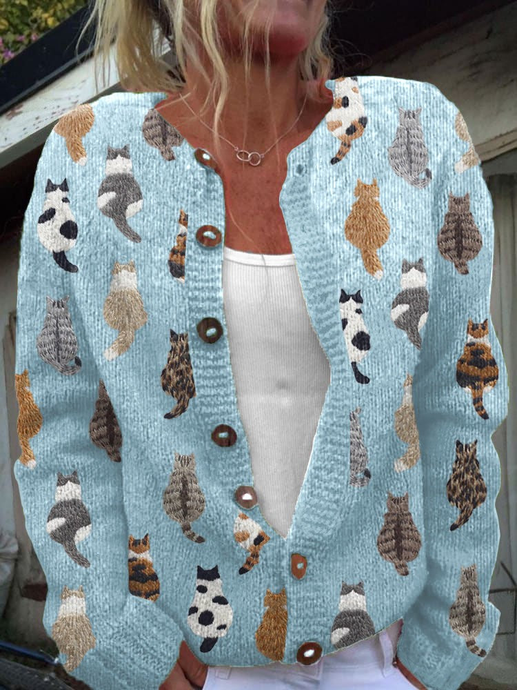 Blue cat-motif button cardigan