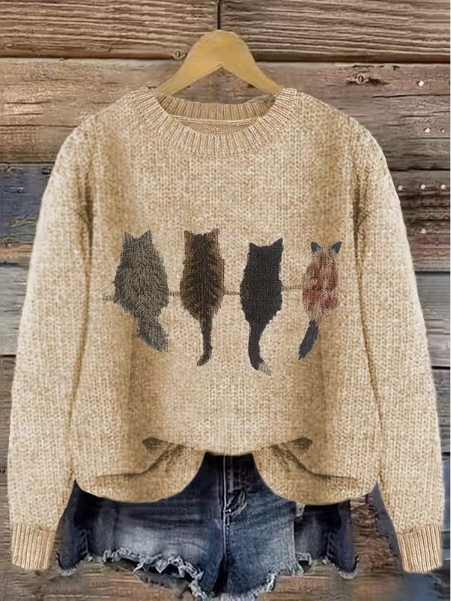 Beige cat motif knit jumper