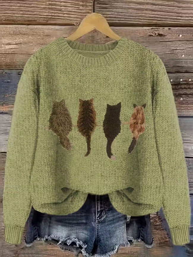 Green cat motif knit jumper