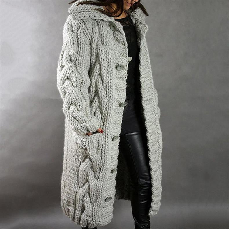 Gray chunky cable-knit longline cardigan coat