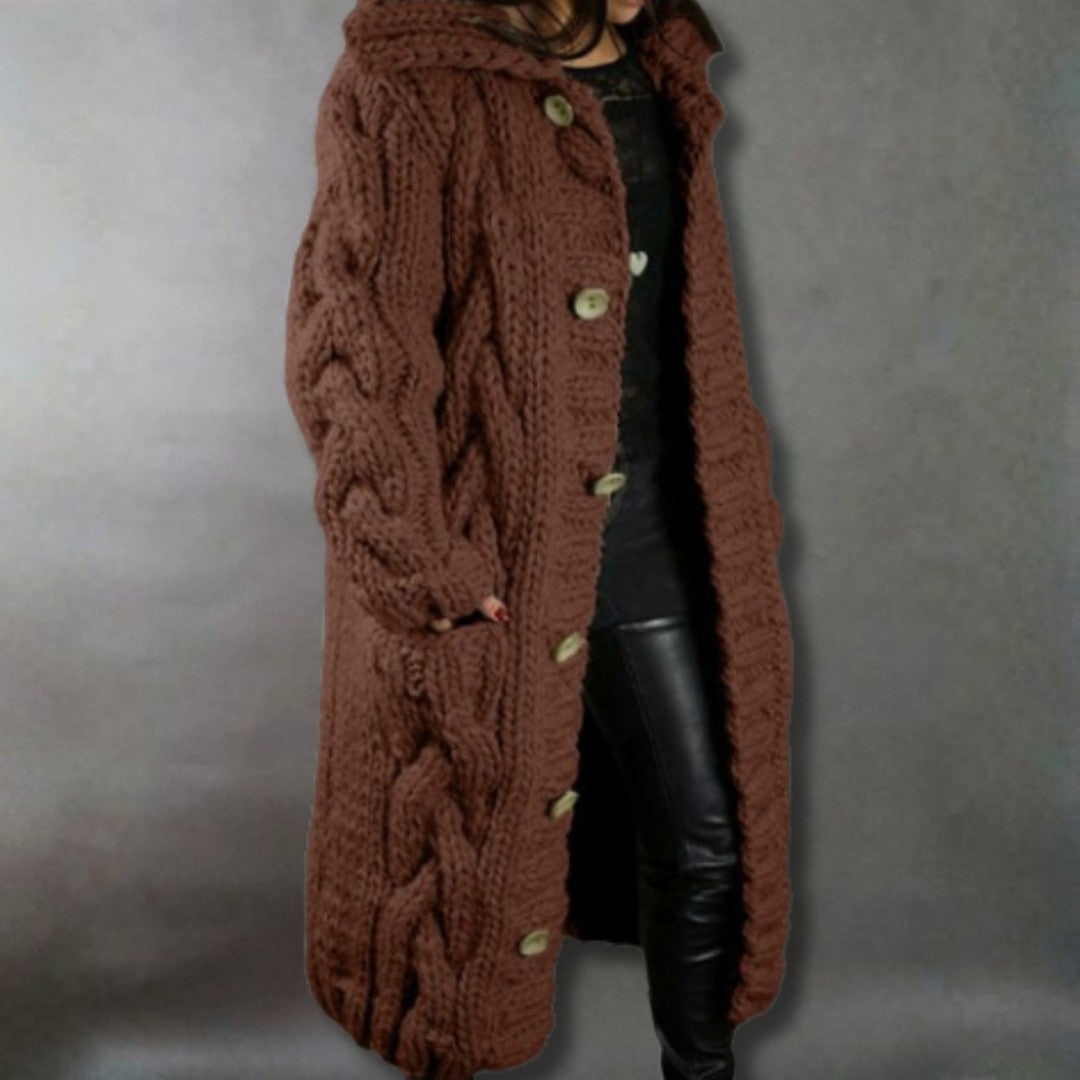 Brown chunky cable-knit longline cardigan coat