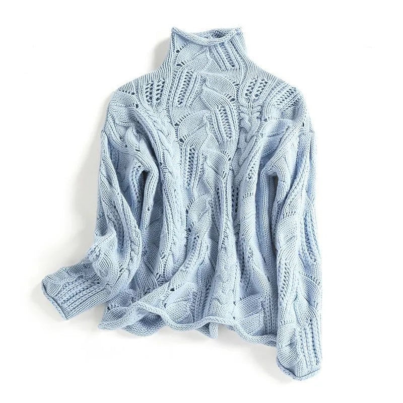 Blue chunky cable-knit roll neck jumper