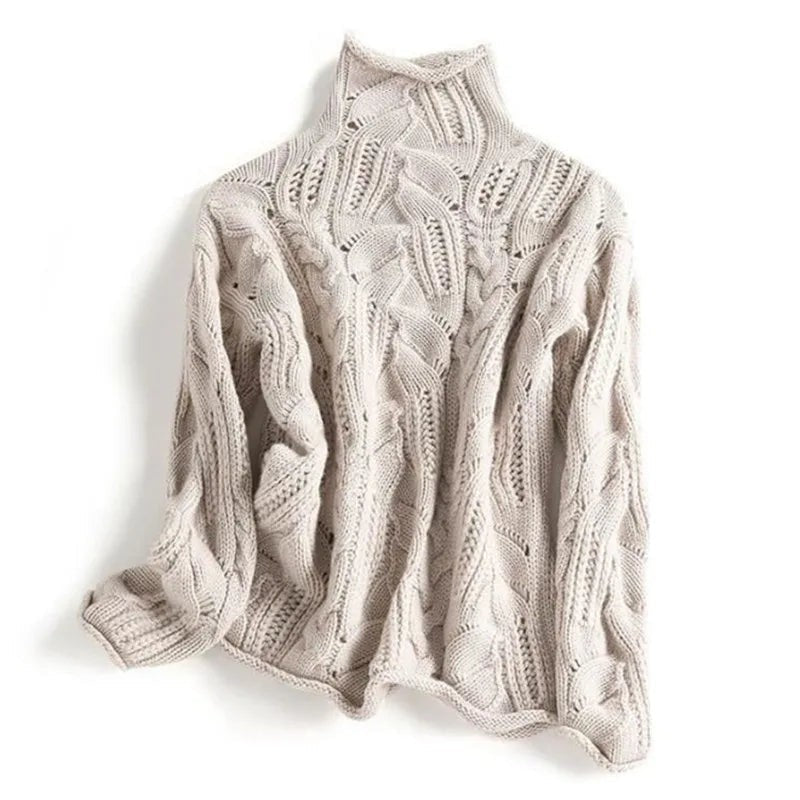 Beige chunky cable-knit roll neck jumper