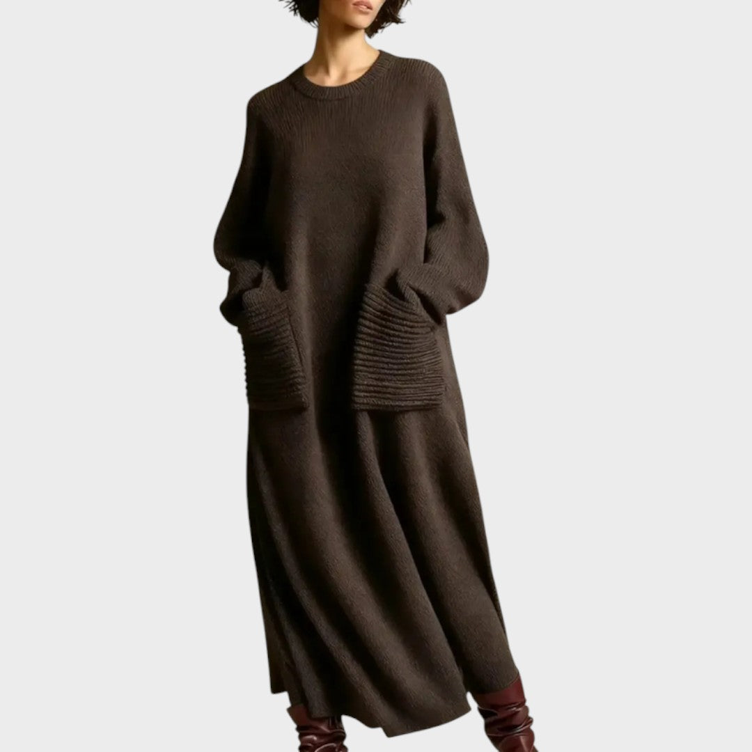 Coffee chunky knit patch-pocket midi dress