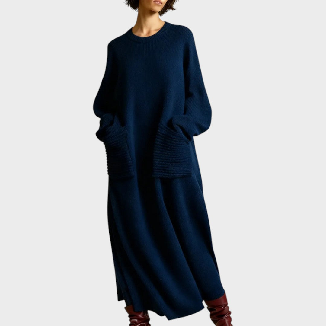 Navy Blue chunky knit patch-pocket midi dress