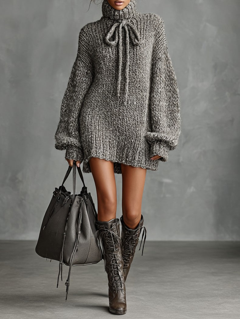 Gray chunky turtleneck knit mini dress