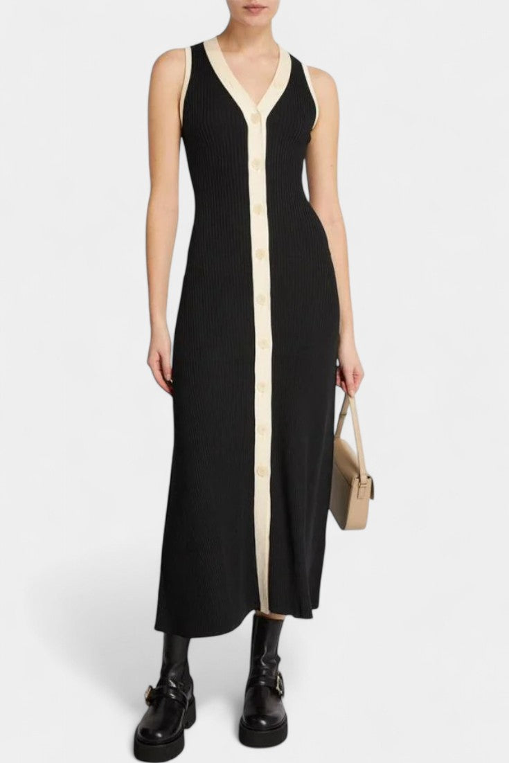 Contrast-button v-neck knit maxi dress