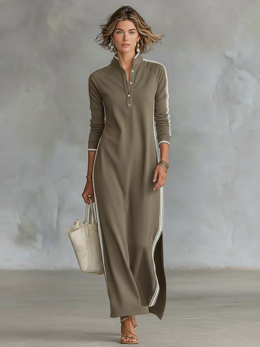 Khaki contrast trim polo maxi dress