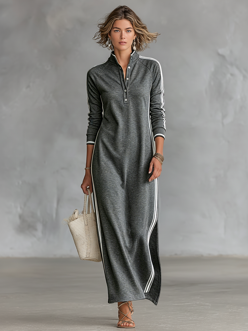 Gray contrast trim polo maxi dress