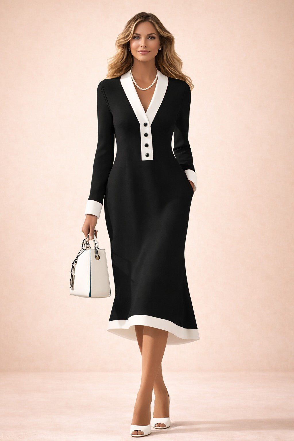 Contrast trim v-neck midi dress