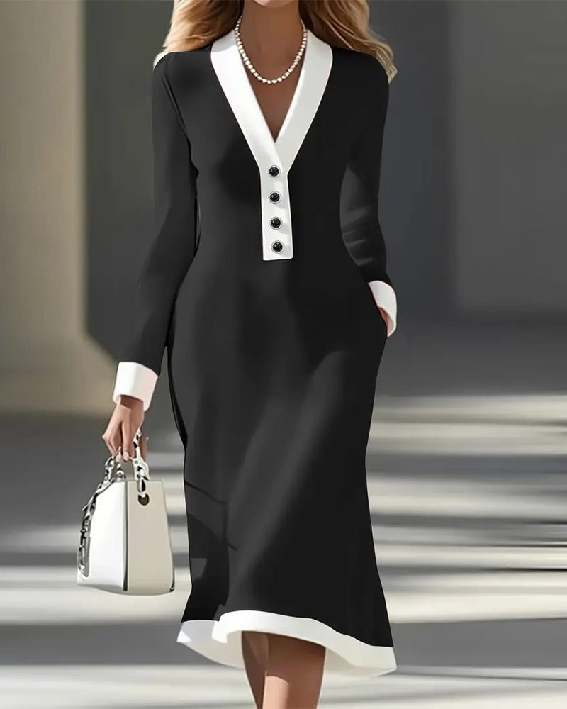 Black contrast trim v-neck midi dress