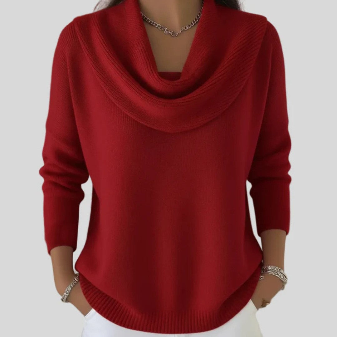 Red cowl-neck knit jumper
