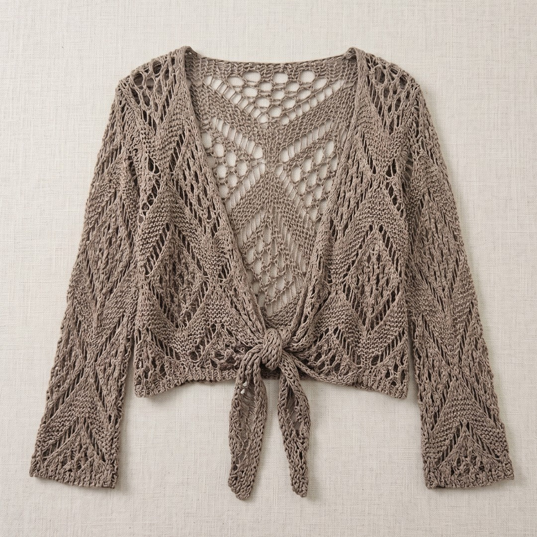 Brown crochet tie-front shrug