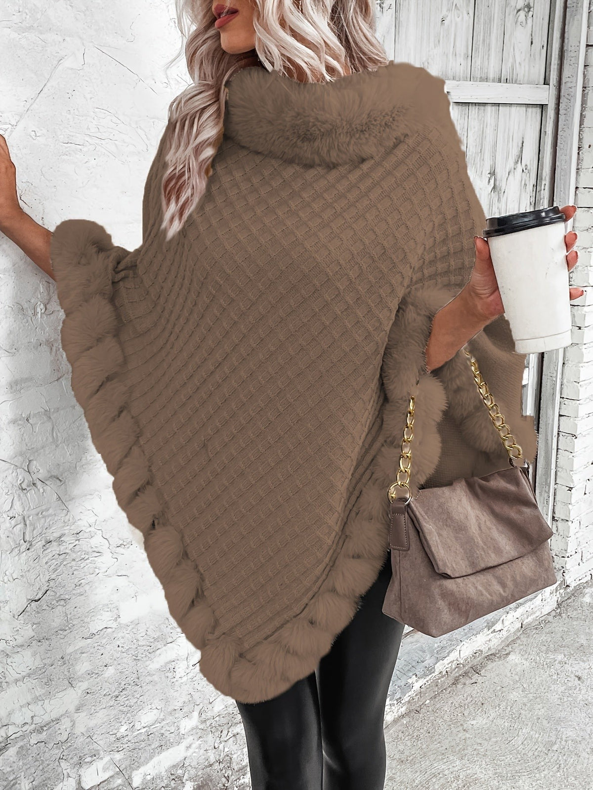 Faux-fur trim knit poncho