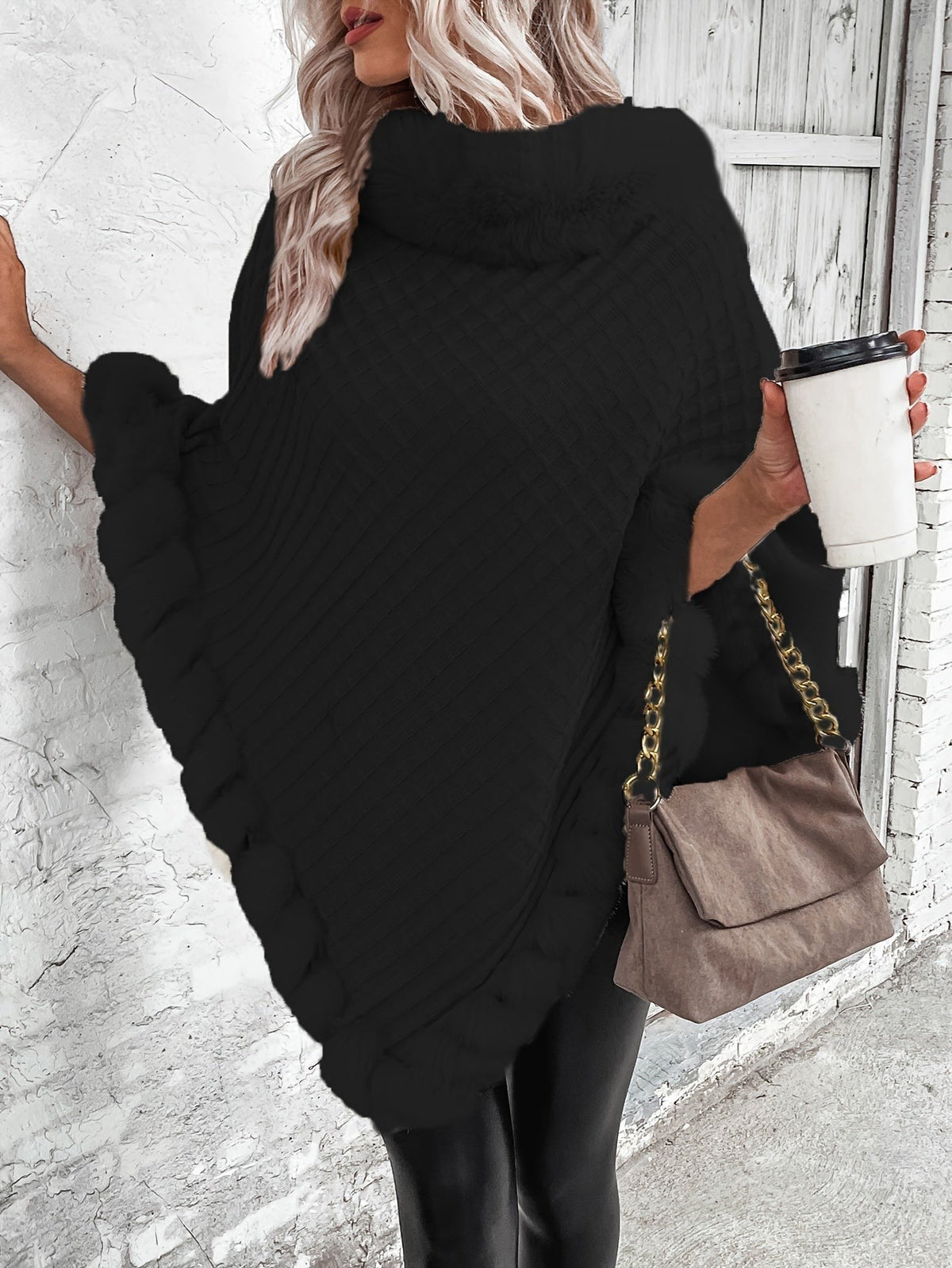 Faux-fur trim knit poncho