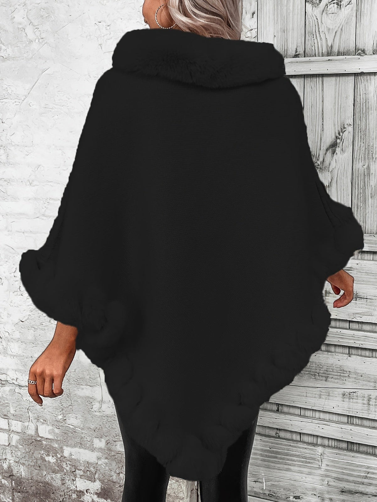 Faux-fur trim knit poncho
