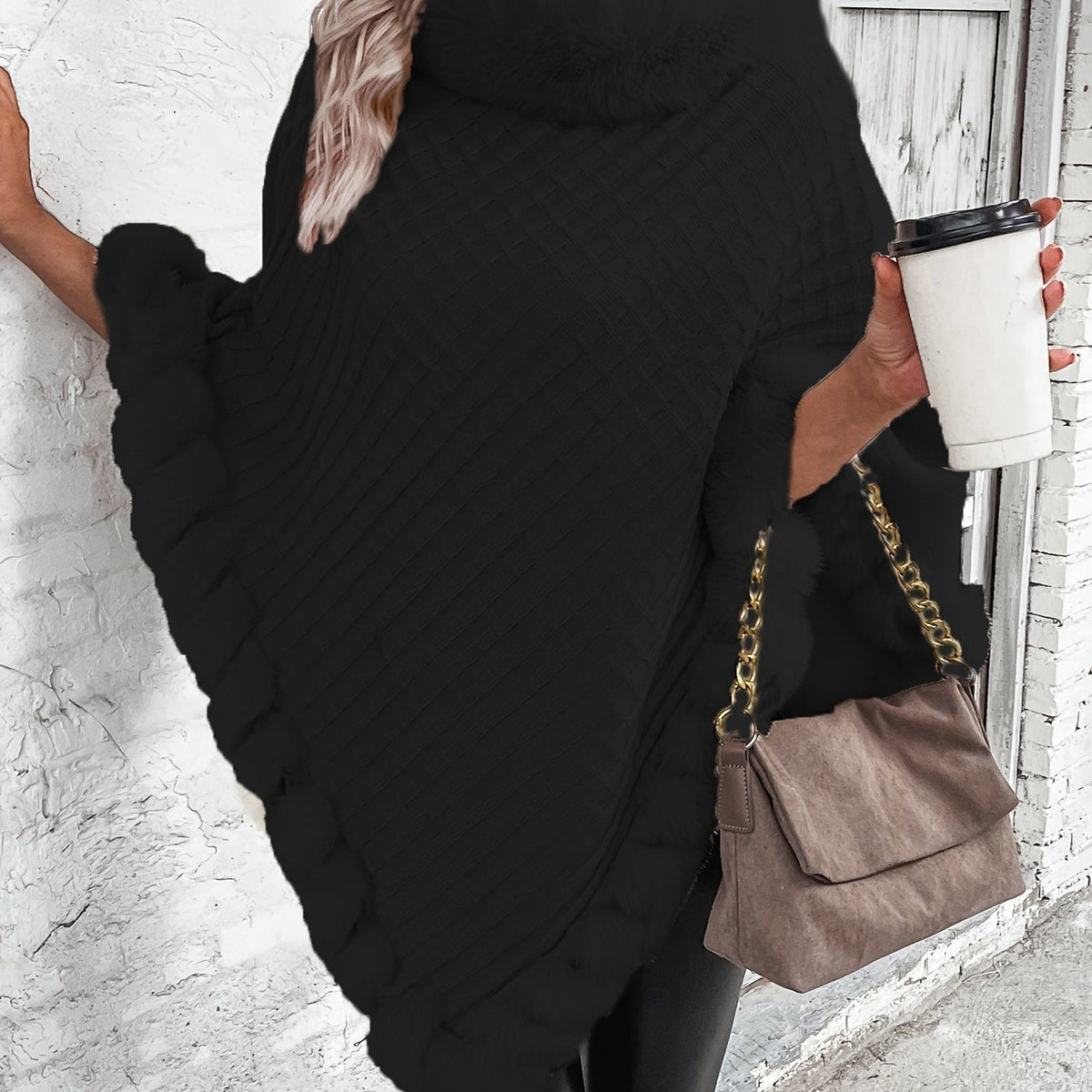 Black faux-fur trim knit poncho