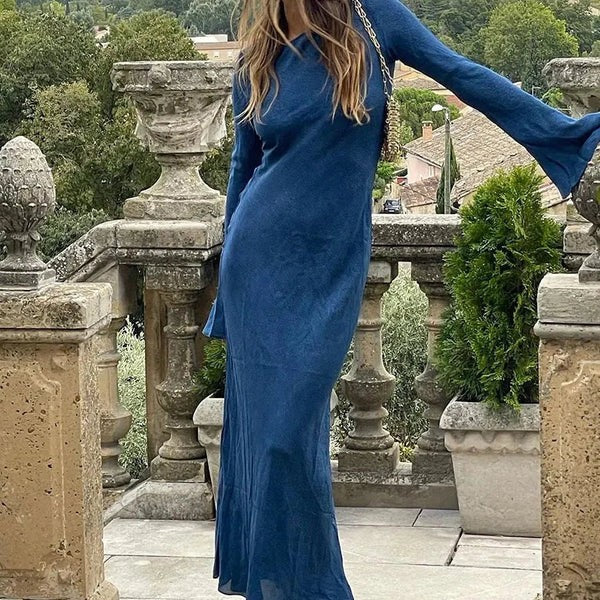 Flared cuff linen blend maxi dress