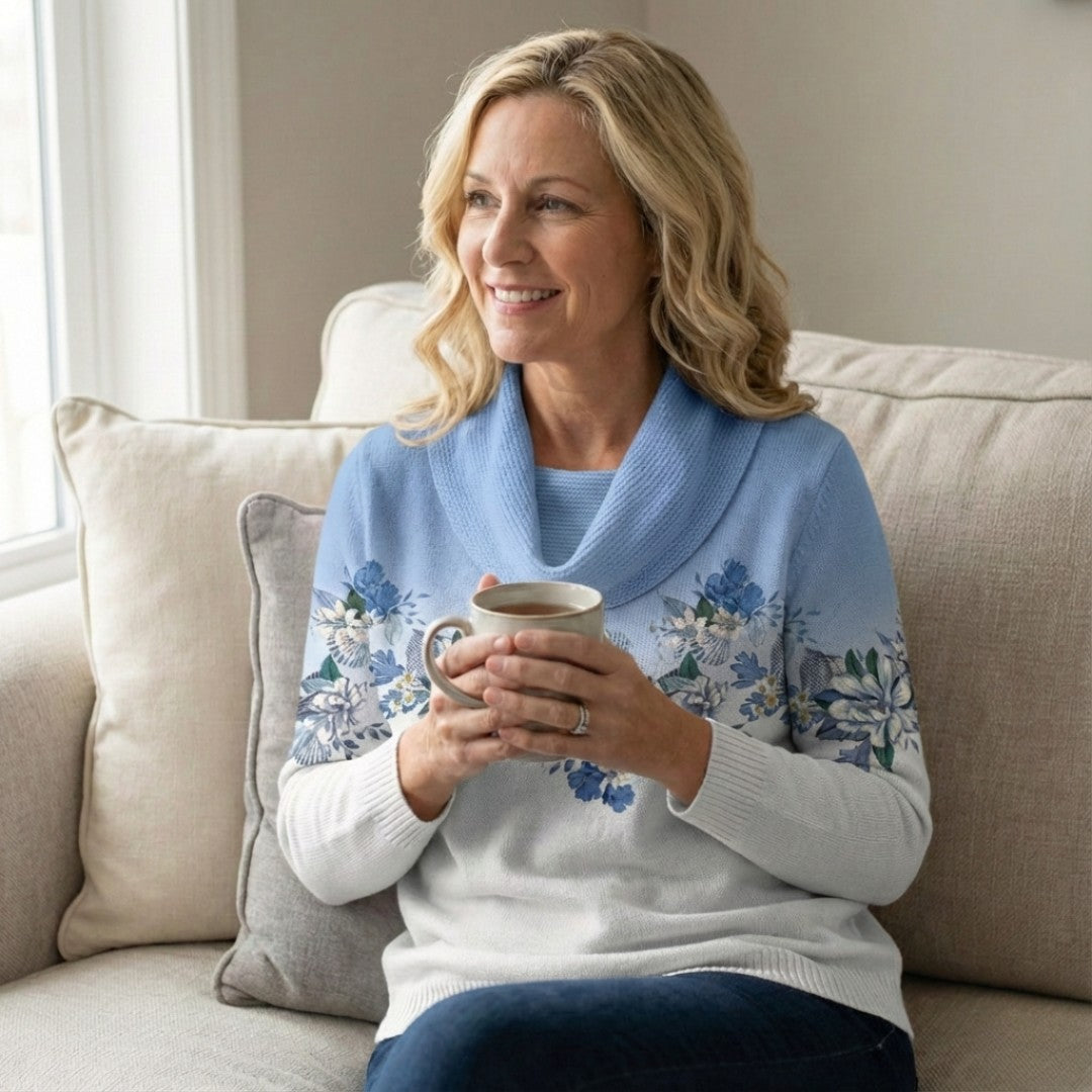 Blue floral cowl neck jumper