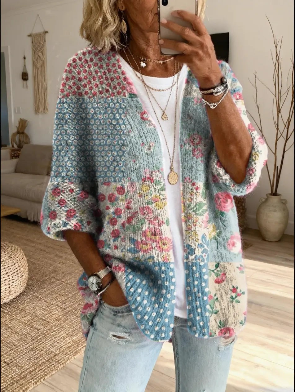 Blue floral patchwork boho cardigan