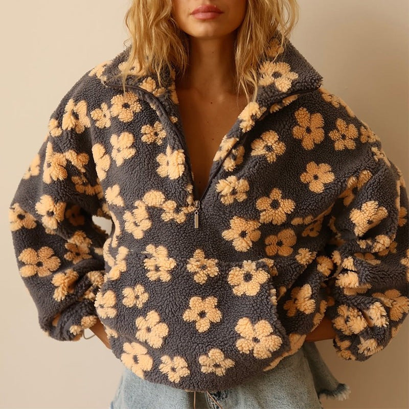 Yellow floral sherpa half-zip pullover