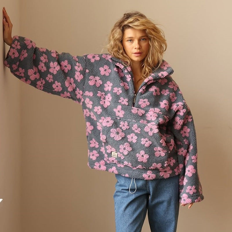 Pink floral sherpa half-zip pullover
