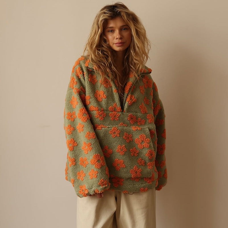 Orange floral sherpa half-zip pullover