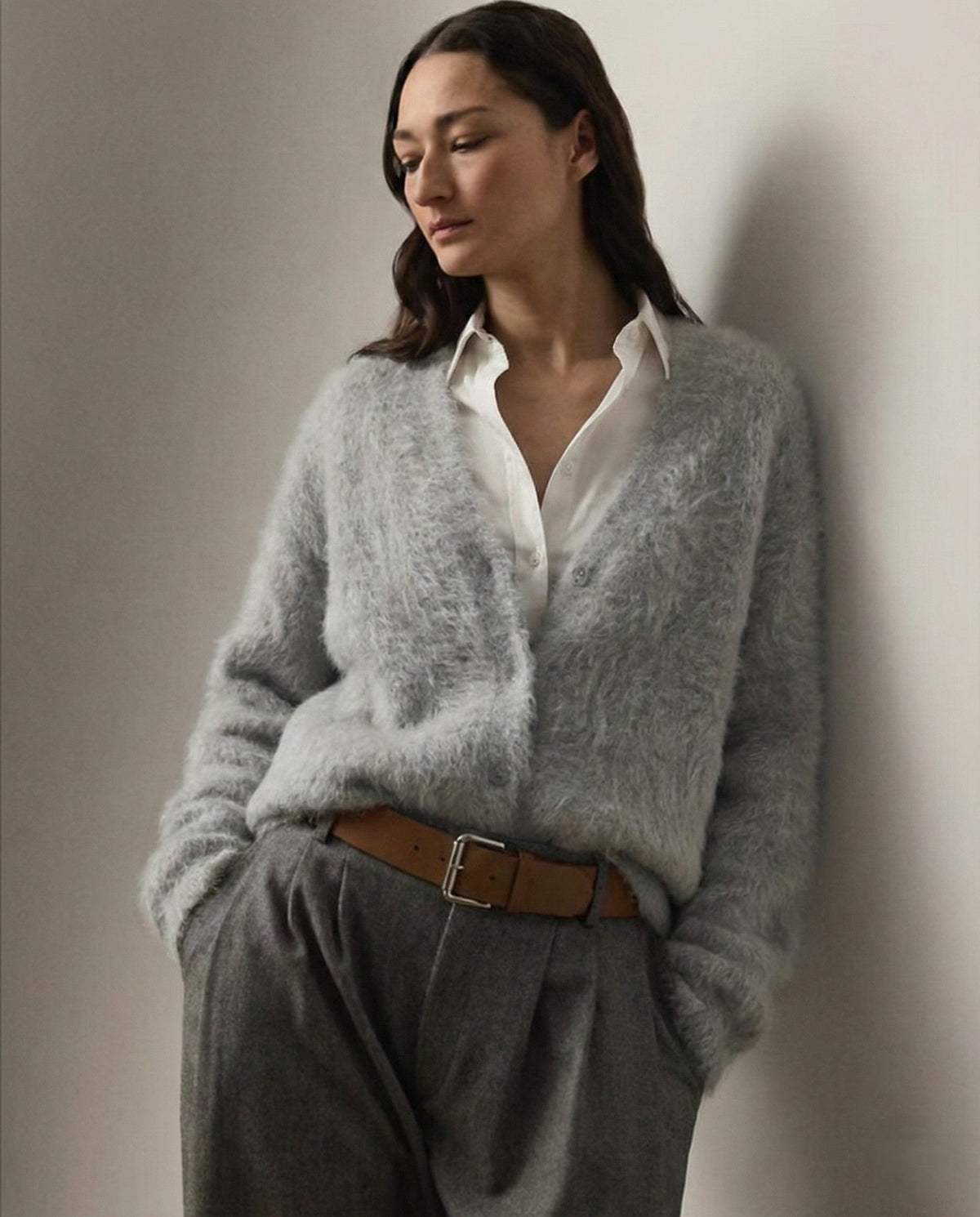 Light Gray Fur fluffy v-neck button cardigan