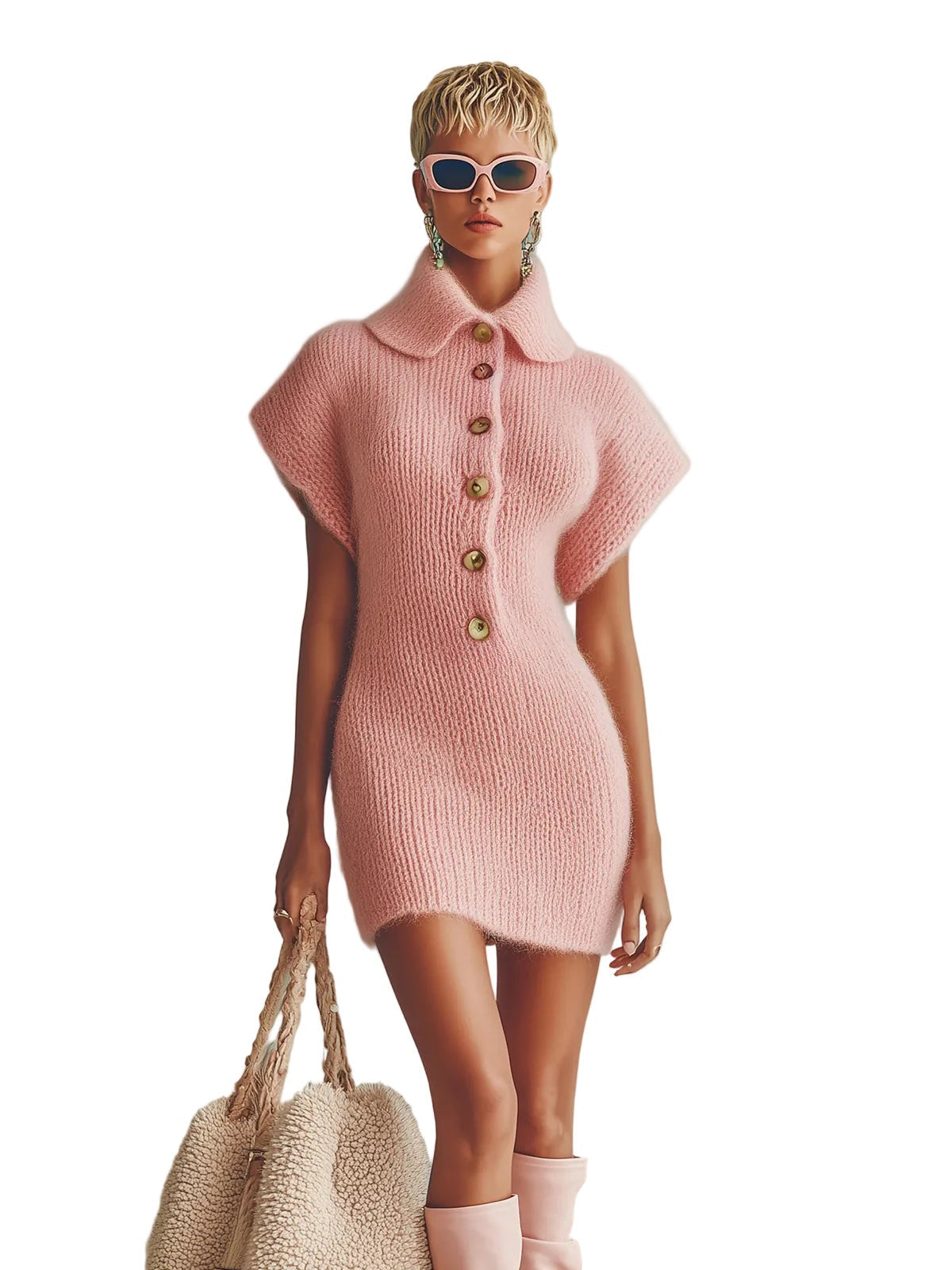 Fuzzy collared knit mini dress