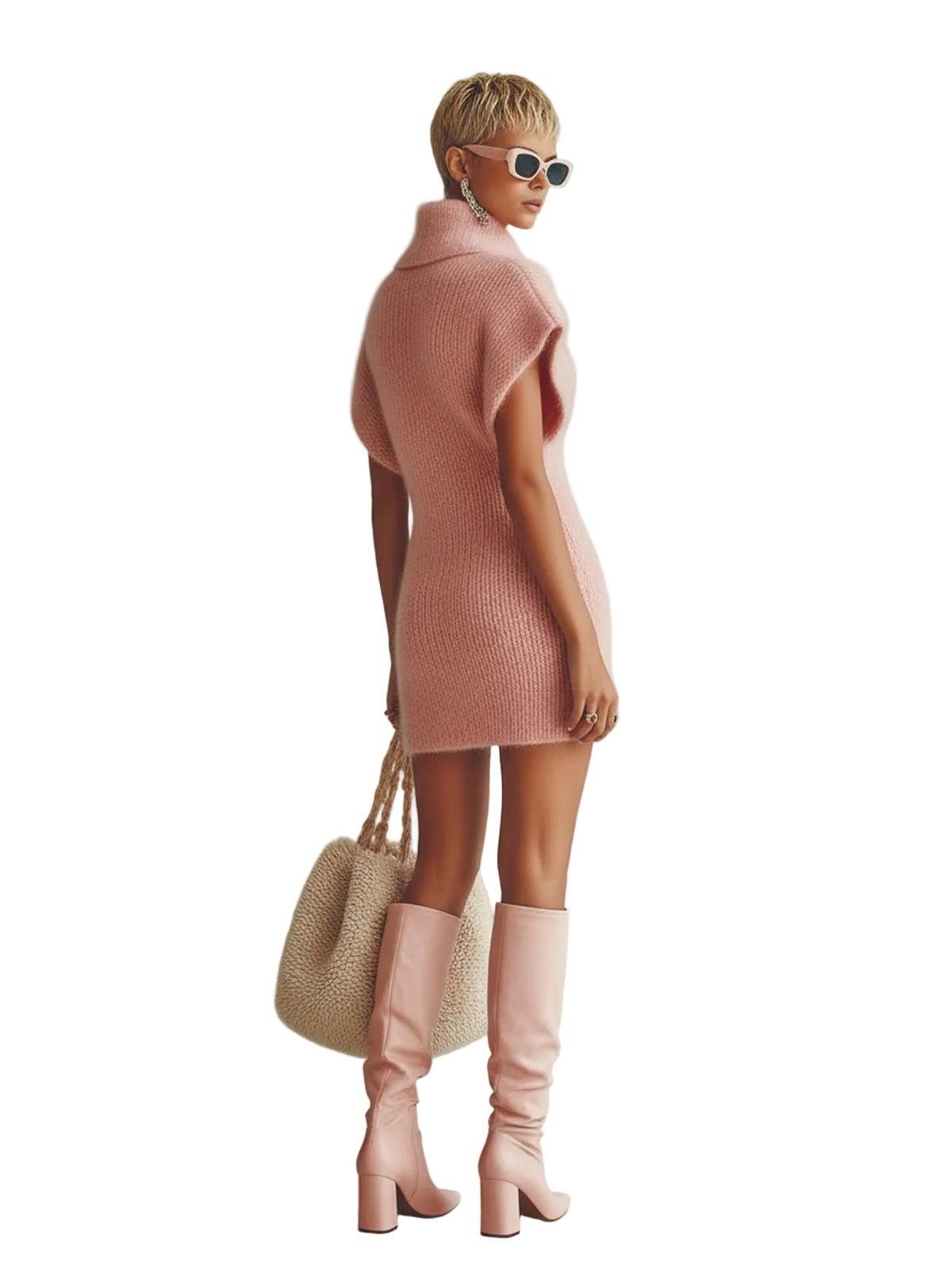 Fuzzy collared knit mini dress