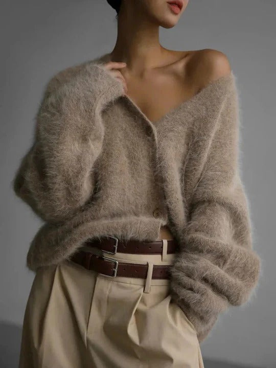 Khaki fuzzy cropped button cardigan