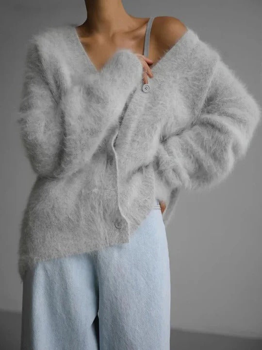 Light Gray fuzzy cropped button cardigan